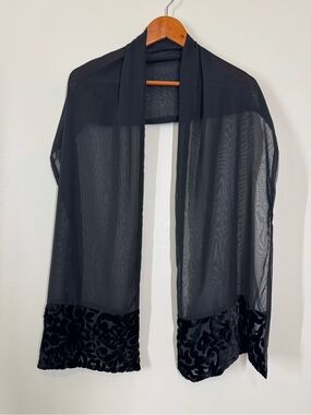 Ralph Lauren Black Sheer Scarf with Velvet Brocade Trim Vintage Y2K 90’s no tags